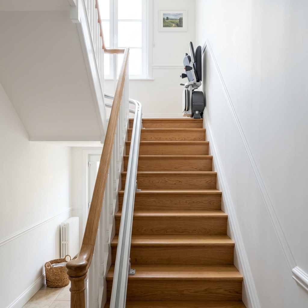 Monte-escalier droit installé sur un escalier en bois