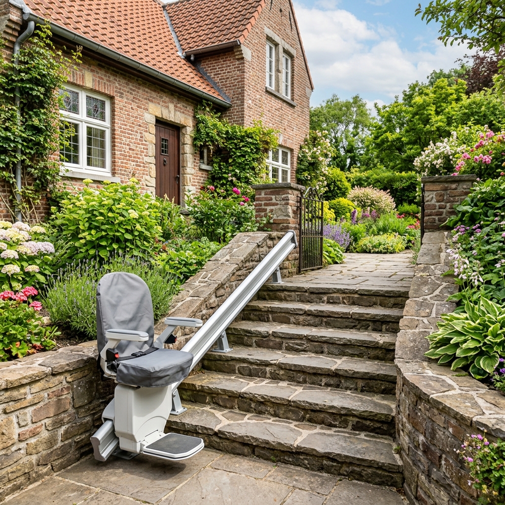 Monte-escalier extérieur installé sur des marches en pierre dans un jardin belge
